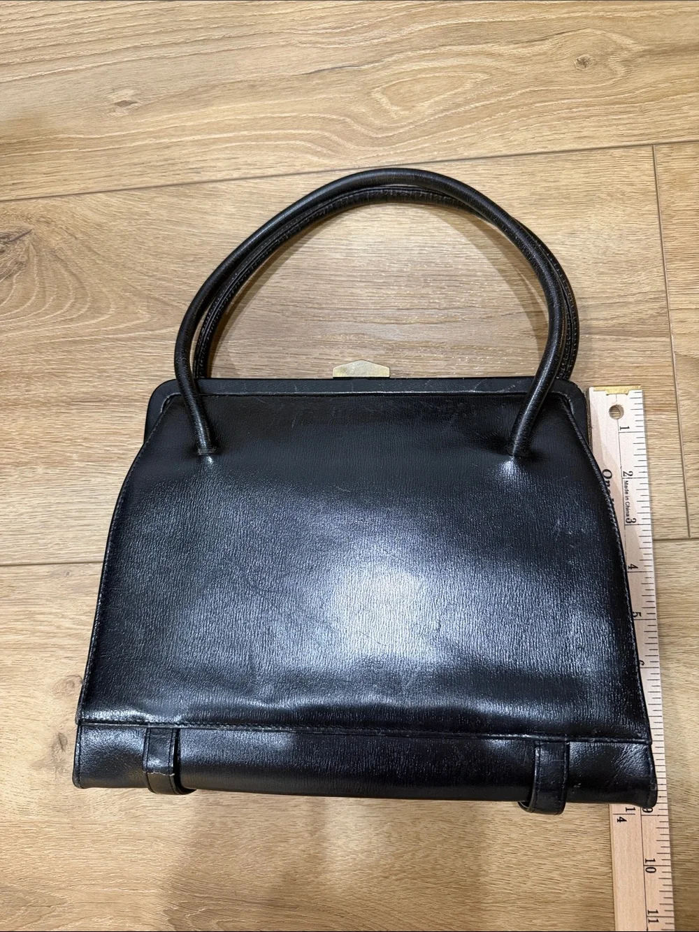 Vintage Black Leather Satchel with Gold Buckle Accents